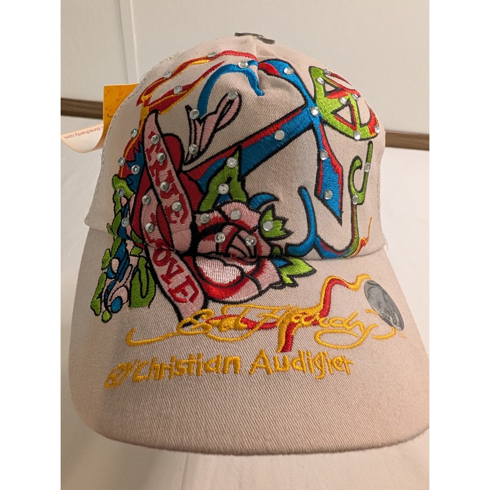 Ed Hardy Christian Audigier Vintage Trucker Hat Tan Rose Anchor Rhinestone NWT